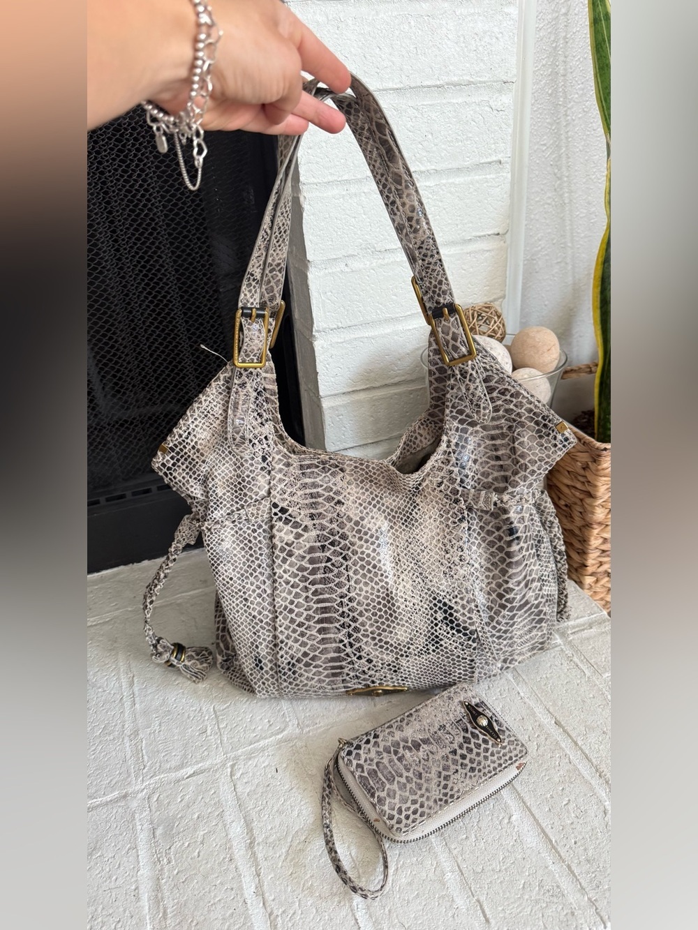 Elliott Lucca Large Snake Print Leather Hobo Shoulder Bag + Wristlet